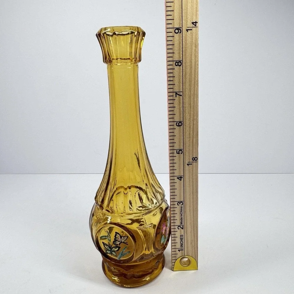 Vintage Amber Glass Bottle Vase Hand Painted Floral Panels Narrow Neck Decor‎